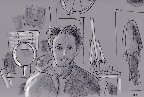 A pencil and charcoal line drawing on grey paper, showing Joel Levack from the chest up, dark tousled hair, looking towards the viewer. Signed JPF at the bottom right. A pencil and charcoal line drawing on grey paper, showing Joel Levack from the chest up, dark tousled hair, looking towards the viewer. Signed JPF at the bottom right.
