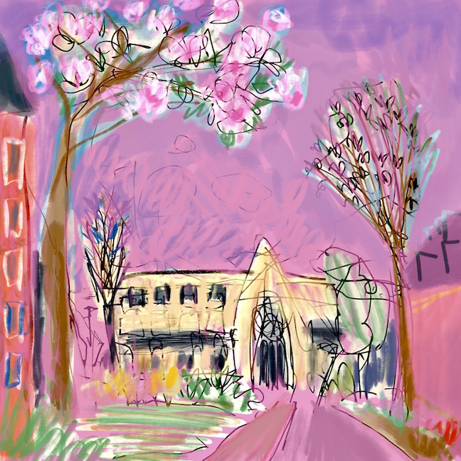 Vibrant, energetic sketch of Church Walk, NW2, with All Saints in the distance. Tree on left beside tall red building, reaching across the top with white/pink blossom. Sky is pink/purple.