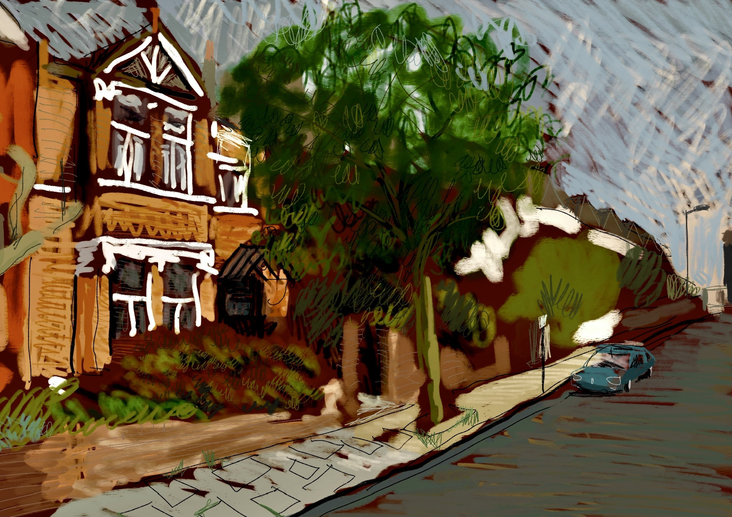 Terraced house with tree, seen from street, with distant lamp post and tower block.