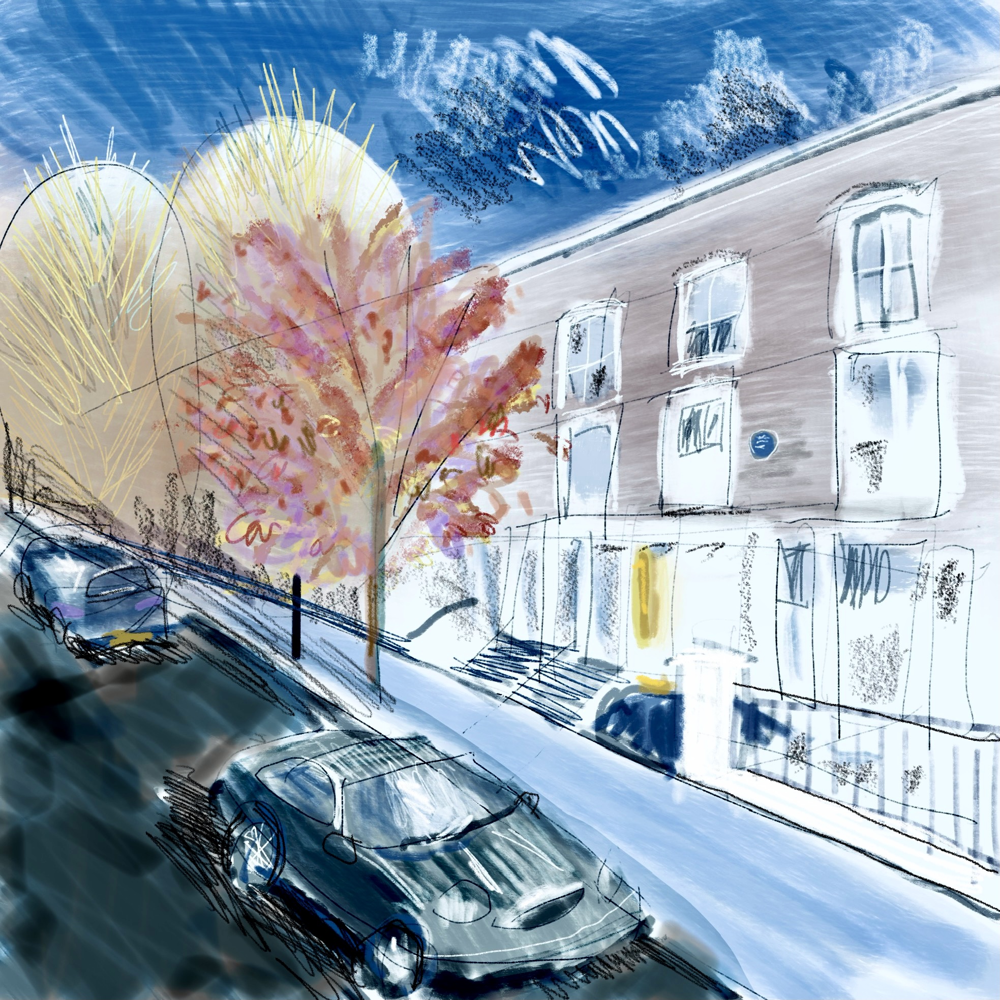 Illustrated autumn streetscape. Blue plaque on a terrace of houses. Cars in foreground. Harmony of blues, red-orange and black and white. Rapid energetic pen and brush strokes