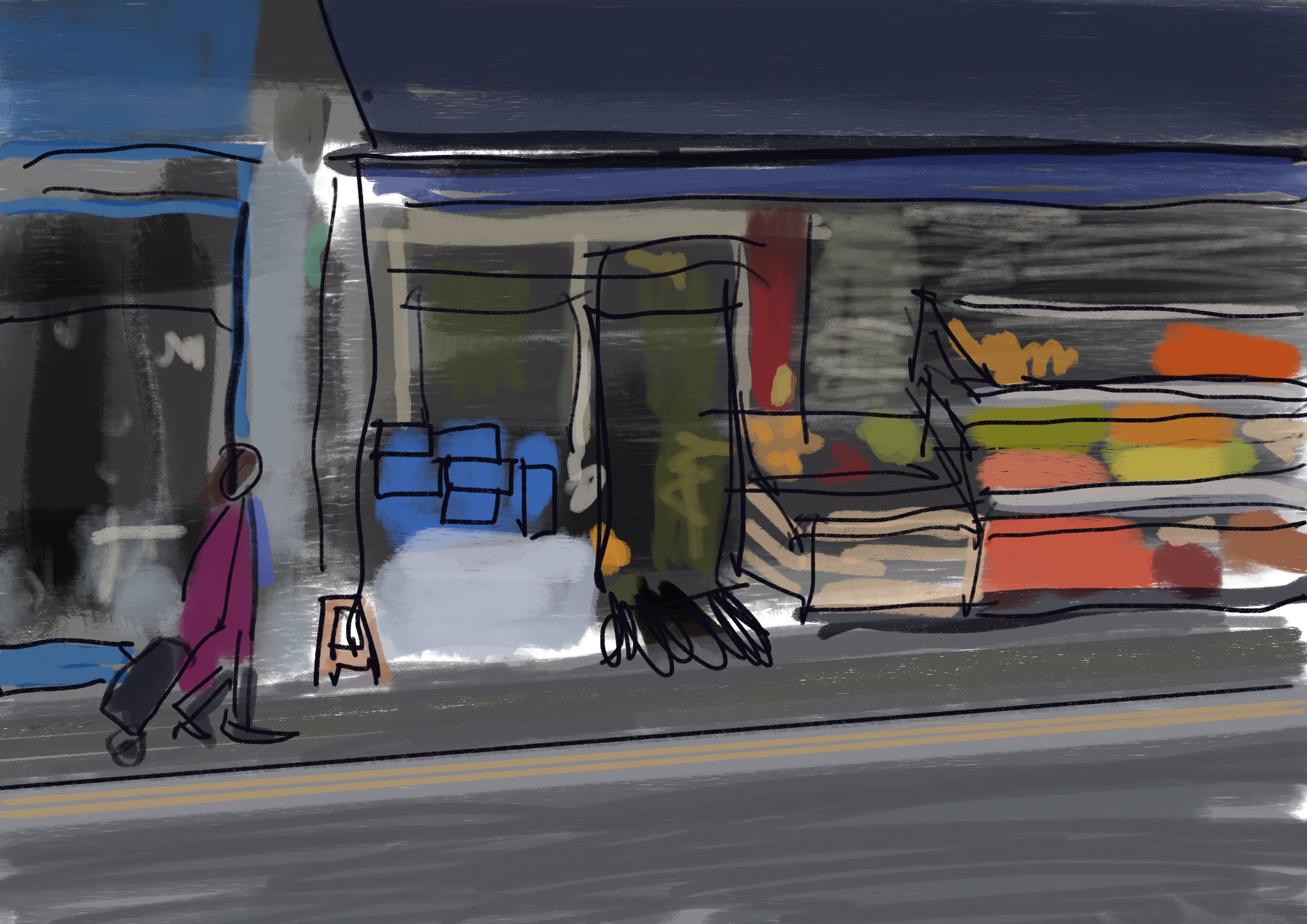 Hazy drawing of roadside fruit shop with blue awning, stacked crates outside with bright stripes of colour depicting different fruits, smudged interior, person walking by with a shopping trolley. (Alt Text courtesy of NJ.)