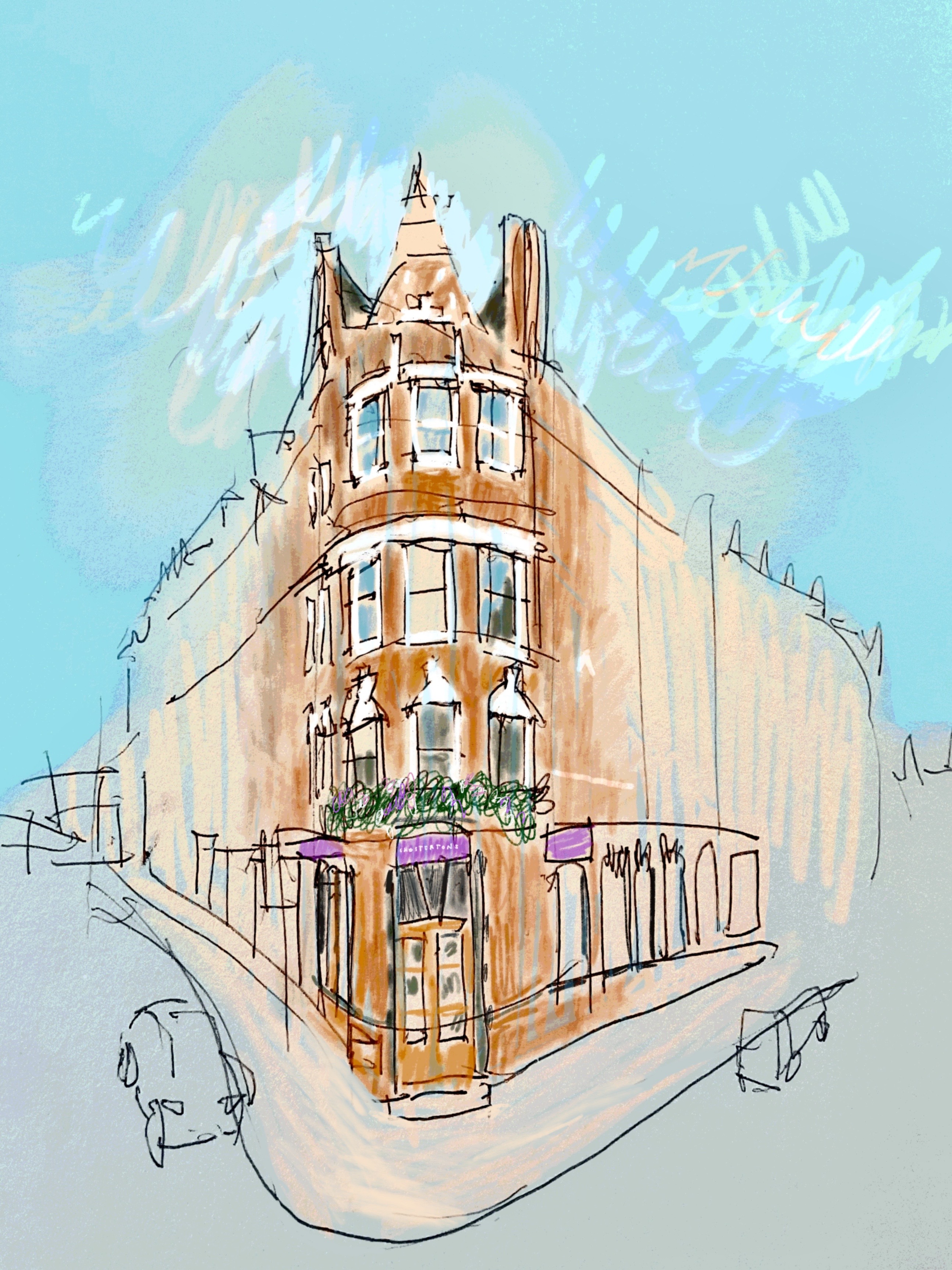 Illustration of a four-storey redbrick building against a blue sky. Urgent, wonky painting style. White frames around the windows. Some window boxes. Purple shop signs on ground floor. 