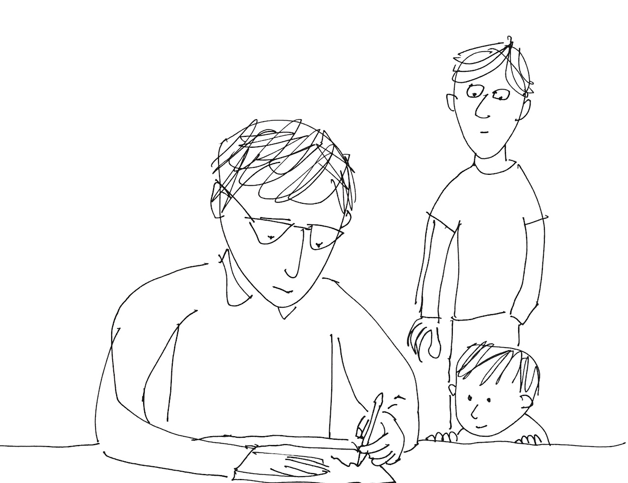 Line drawing of a man signing something, watched by a boy and a younger man.