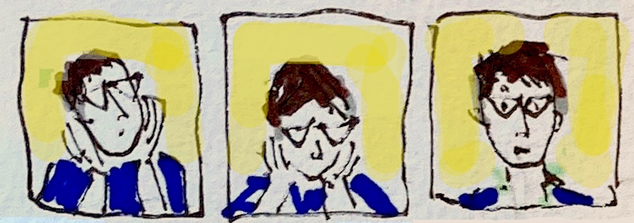 Three panel illustration of speccy man thinking