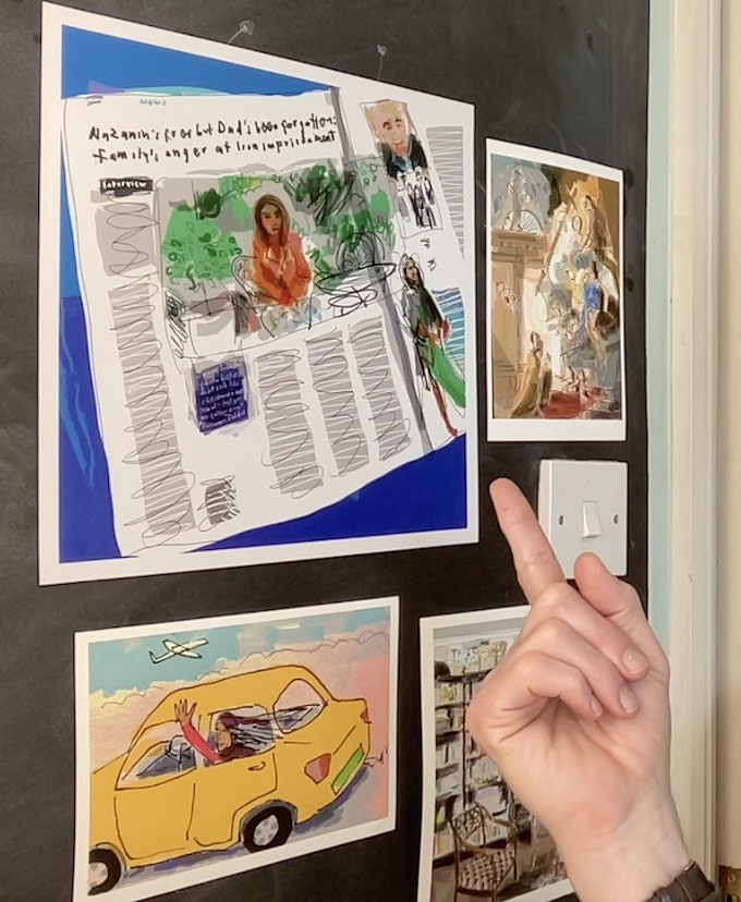 Pictures on a wall,, with a hand pointing to one that shows a drawing of a newspaper story about Nazanin Zaghari-Ratcliffe.