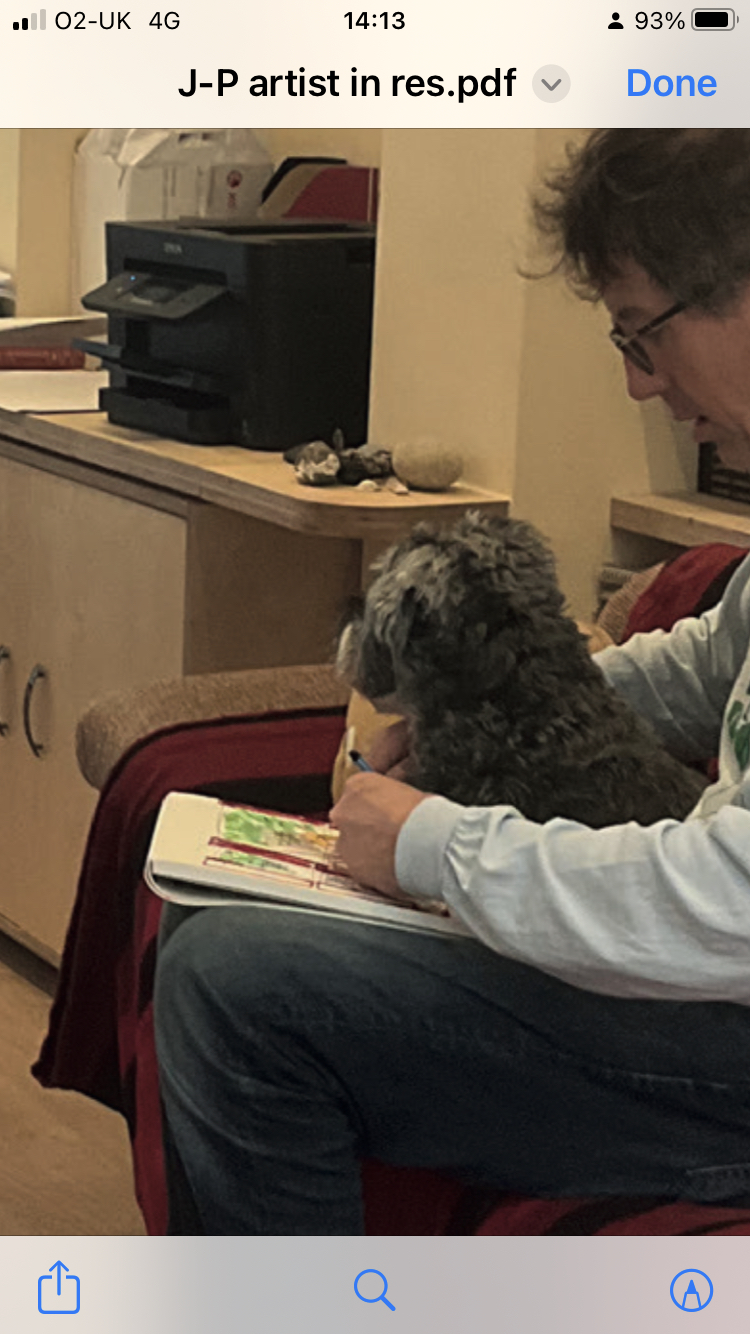 Drawing, with schnauzer Peanut on my lap.