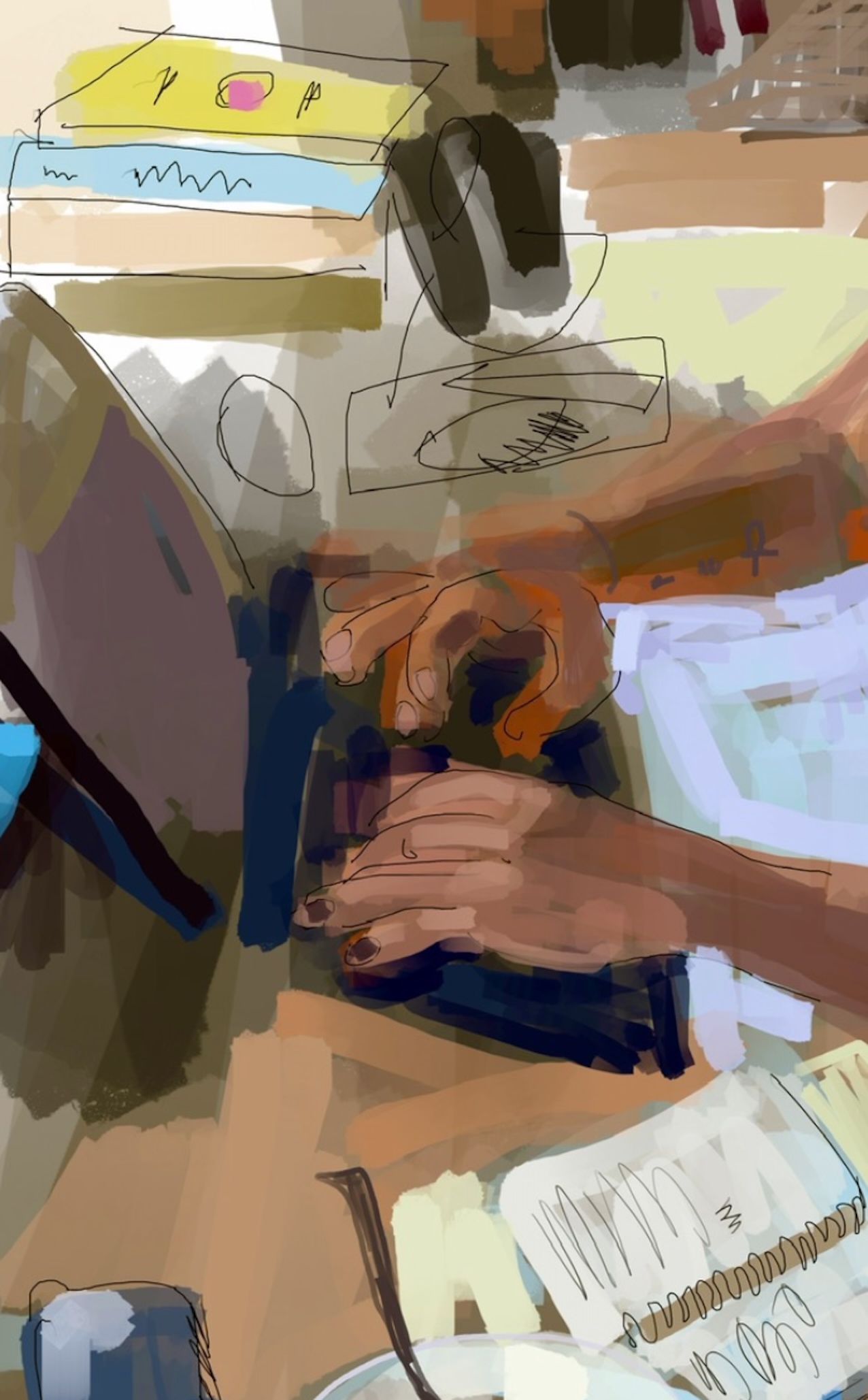 Illustration, showing close-up of hands typing at a laptop with books and papers on a desk.