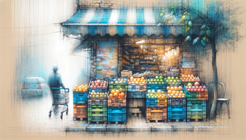 DALL·E 2023-12-08 10.40.40 - A hazy drawing of a roadside fruit shop with a blue awning. Outside the shop, there are stacked crates, each with bright stripes of color representing.png