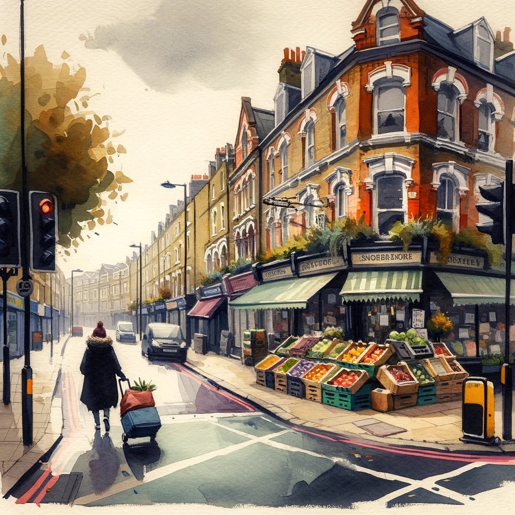 DALL·E 2023-12-08 10.19.46 - A London High Street scene on an overcast autumn day, depicted in a gouache painting style with loose brushwork and a few black lines for details. The.png
