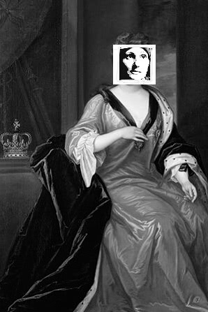 Black and white collage. Early 1700s painting of a seated queen, one hand raised to chest, English crown beside her on a table. Face covered by square high-contrast photo of woman looking up and right
