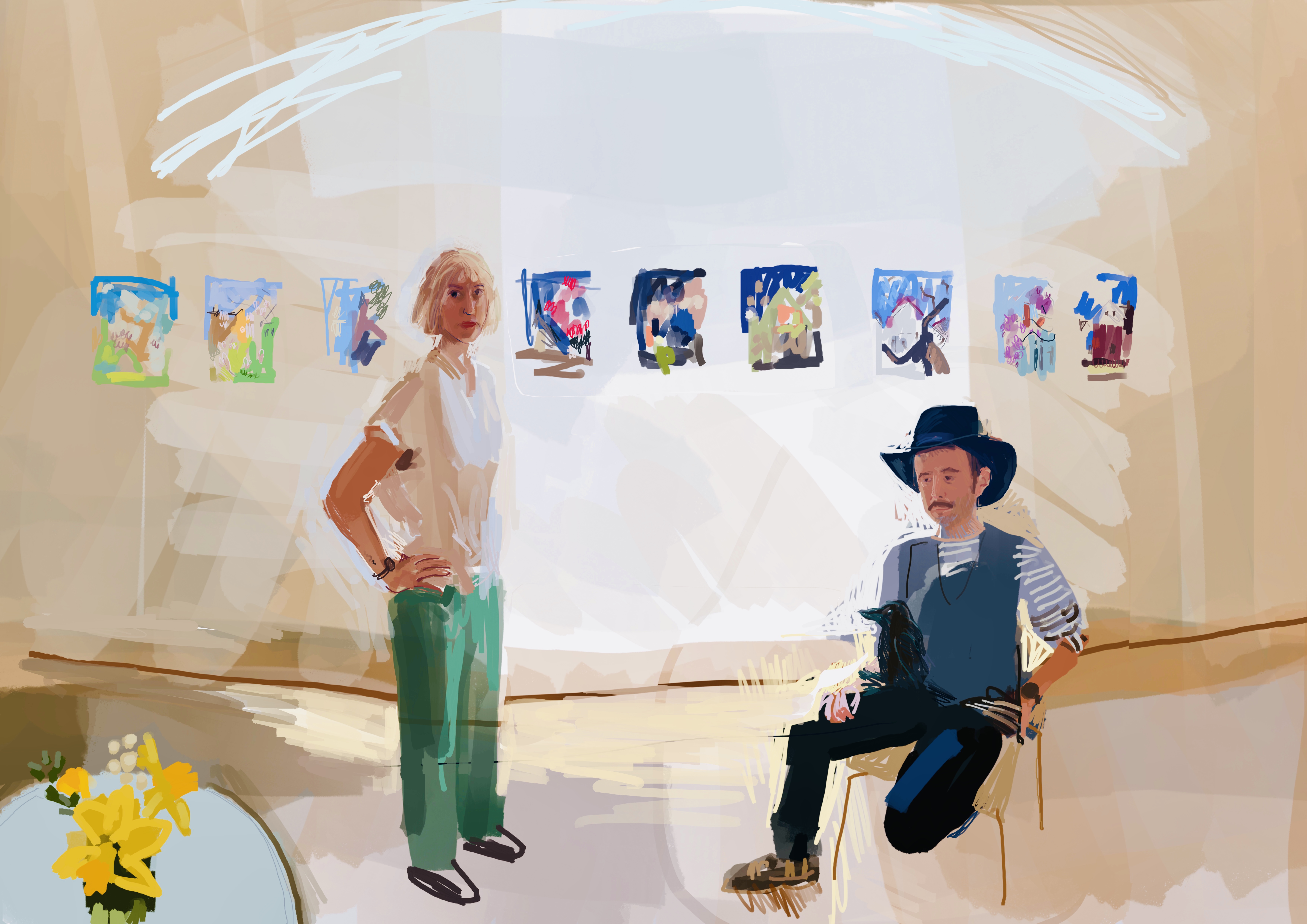 Double portrait showing Jo Wood and Steve Chapman re-enacting David Hockney's Mr and Mrs Clark and Percy.