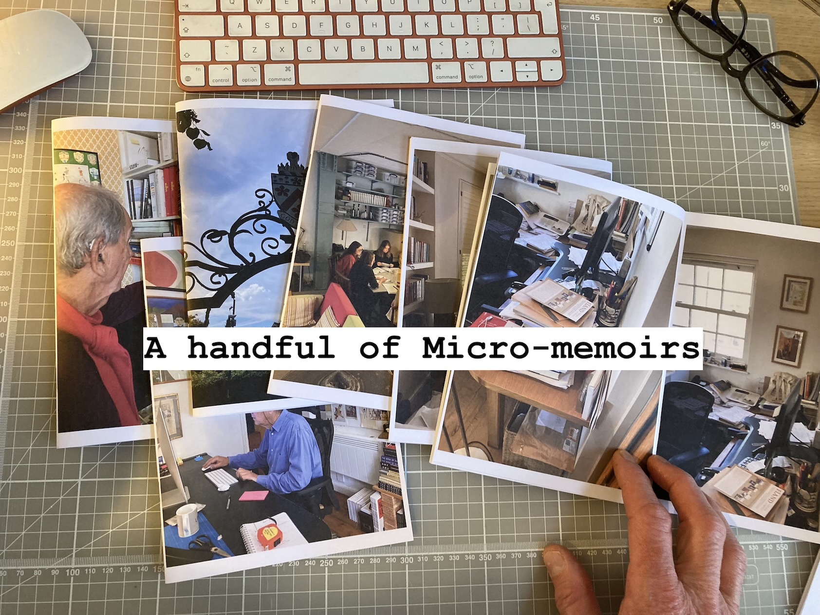 Several finished Micro-Memoirs fanned out on a cutting mat.