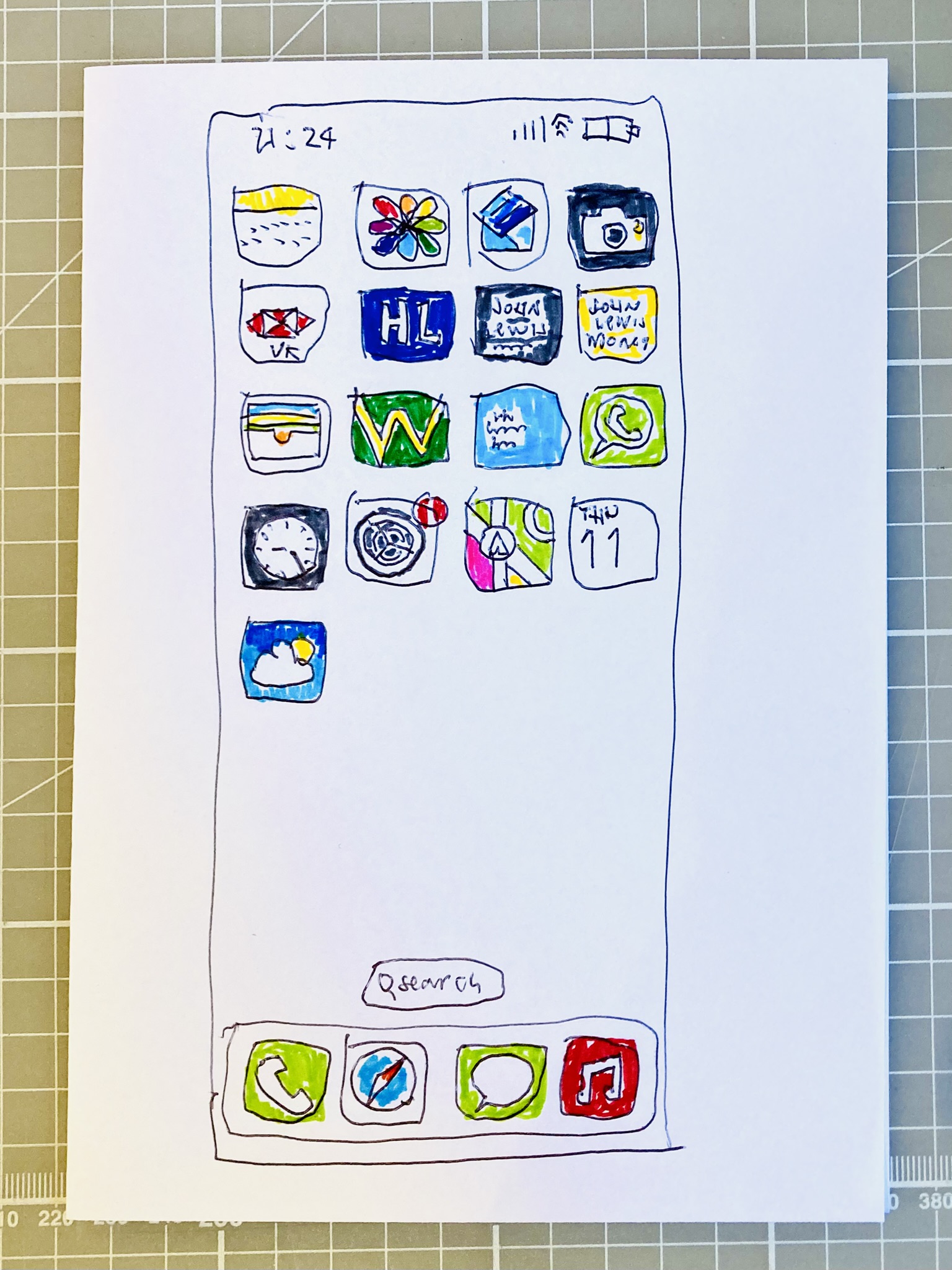 Colourful drawing on paper of the apps on a phone's home screen.