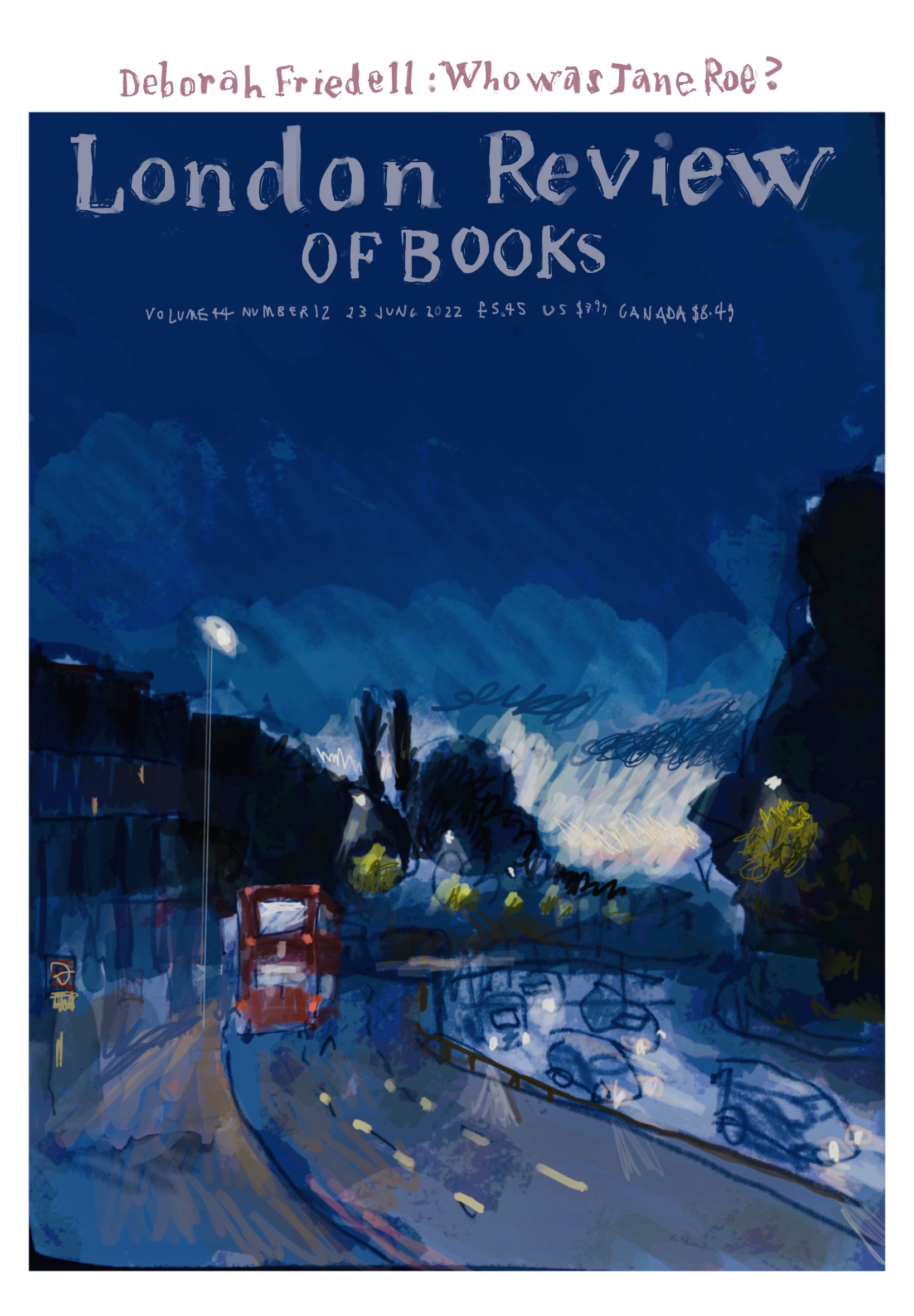 Mock-up of the London Review of Books, with picture of a bus going down the A41.