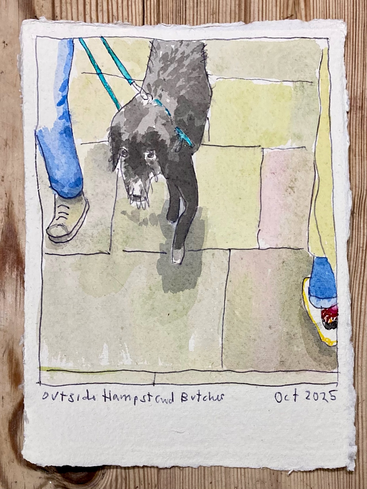 Line drawing, in biro and ink, of a dog looking a bit glum as it passes a pedestrian.