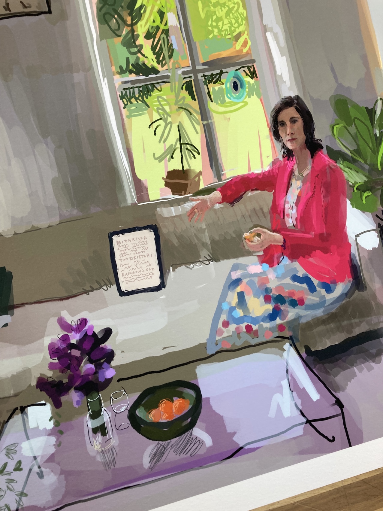 Close up of an art portrait, showing woman in bright cerise jacket eating a tangerine, on a sofa in front of a window overlooking pale green.