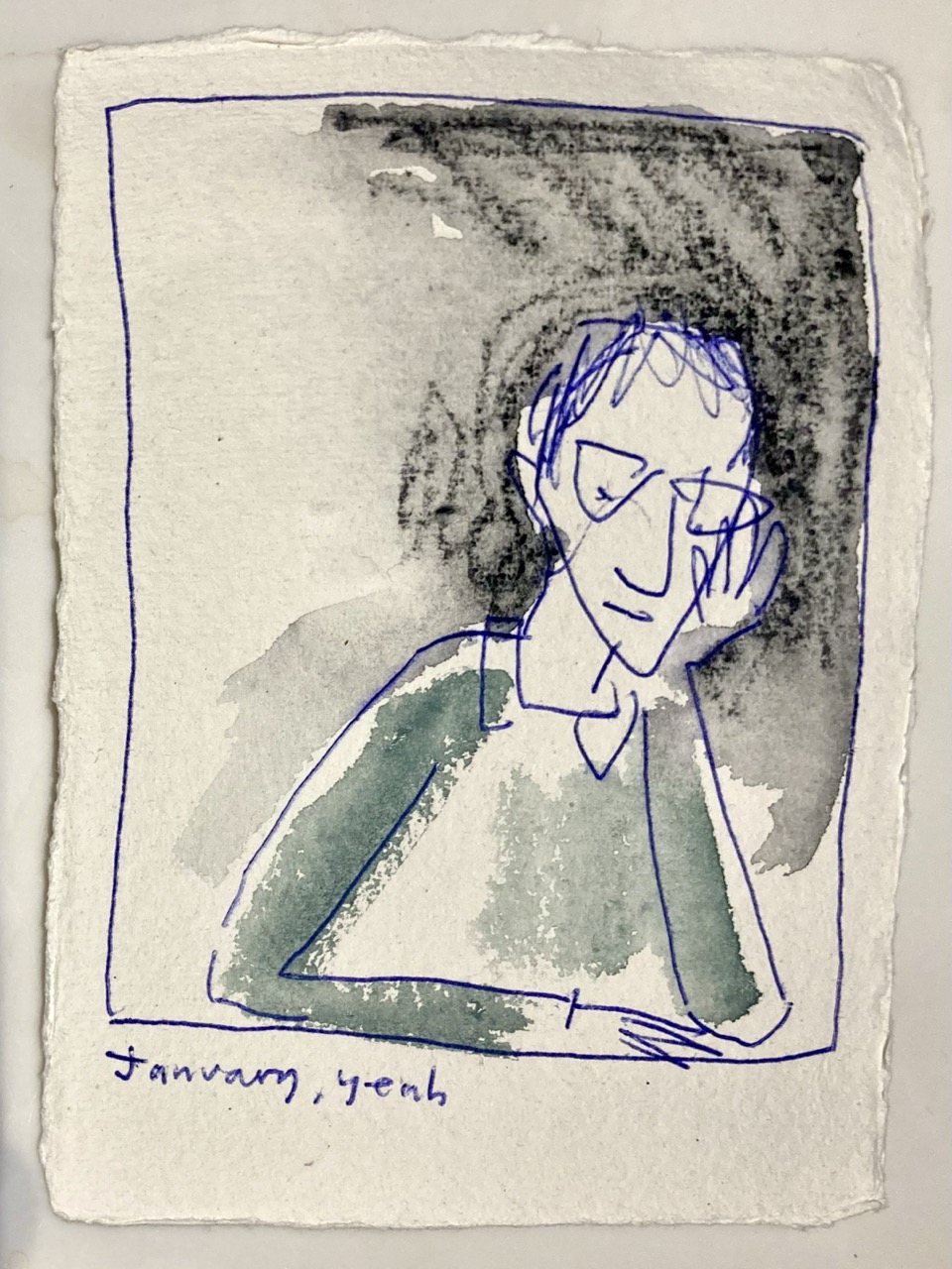 Drawing of a speccy man (me, JPF) with a face on his hand and a cloud over his head.