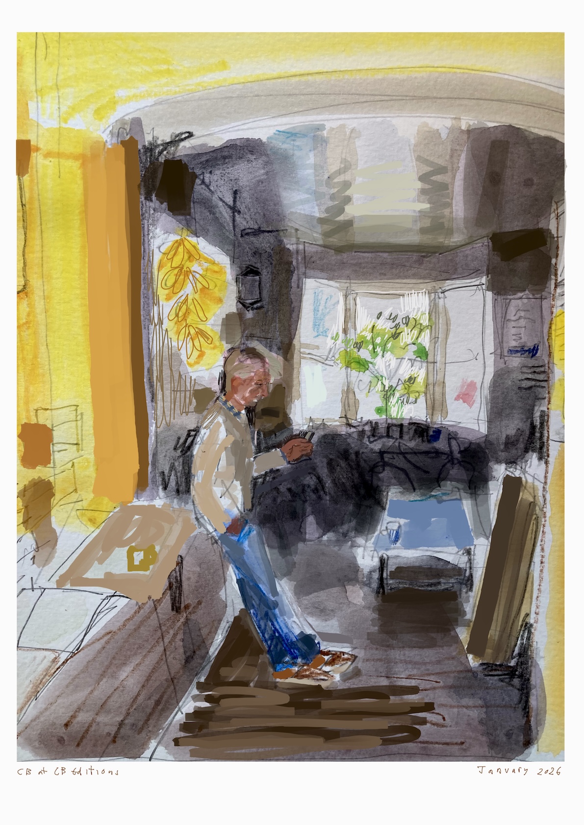 Colourful drawing of a man leaning on a cupboard in an unlit yellow room.
