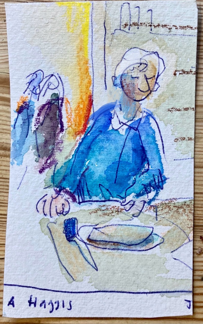 Colourful drawing on paper of a man addressing haggis.