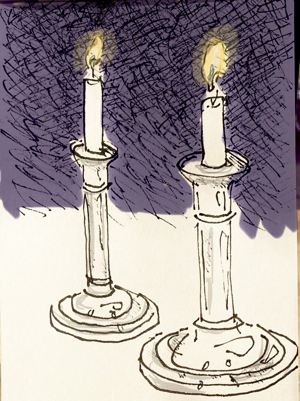 Drawing of two candles in candlesticks.