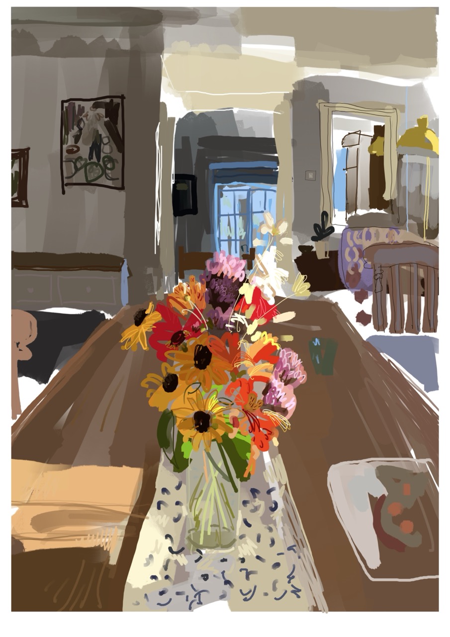 Vibrant drawing of flowers in a vase on a table.