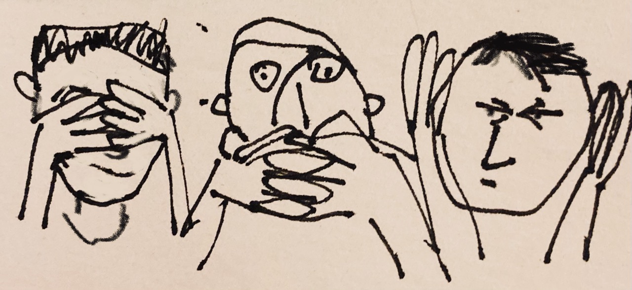Expressionistic line drawing of three heads.