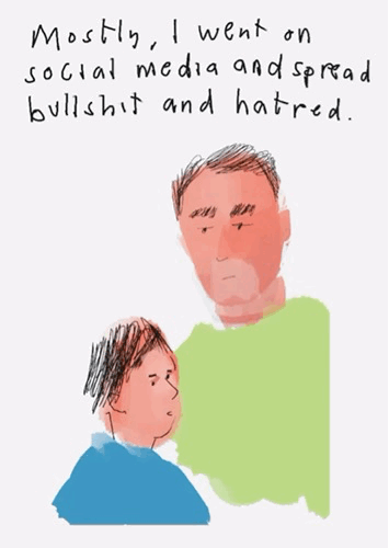 Moving image GIF with boy sitting on father's lap asking Daddy, What did you do during the great upheavals of 2024. The father answers, Mostly I went on social media and spread bullshit and hatred. Unimpressed, the boy slides his eyes towards the viewer.