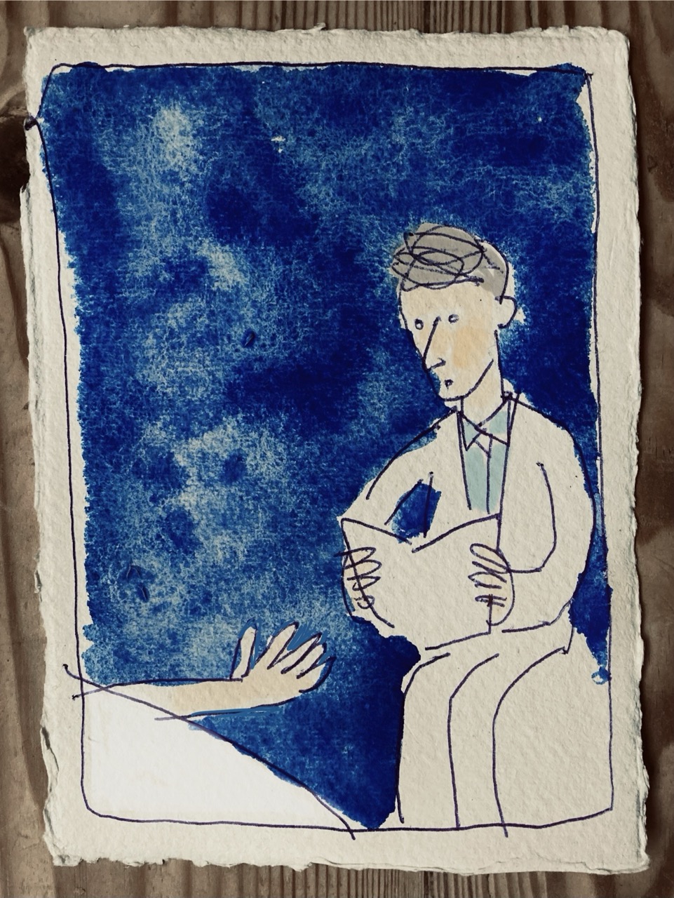 Drawing of a man reading a book in a dark room and a hand reaching out from under a duvet to take the book.