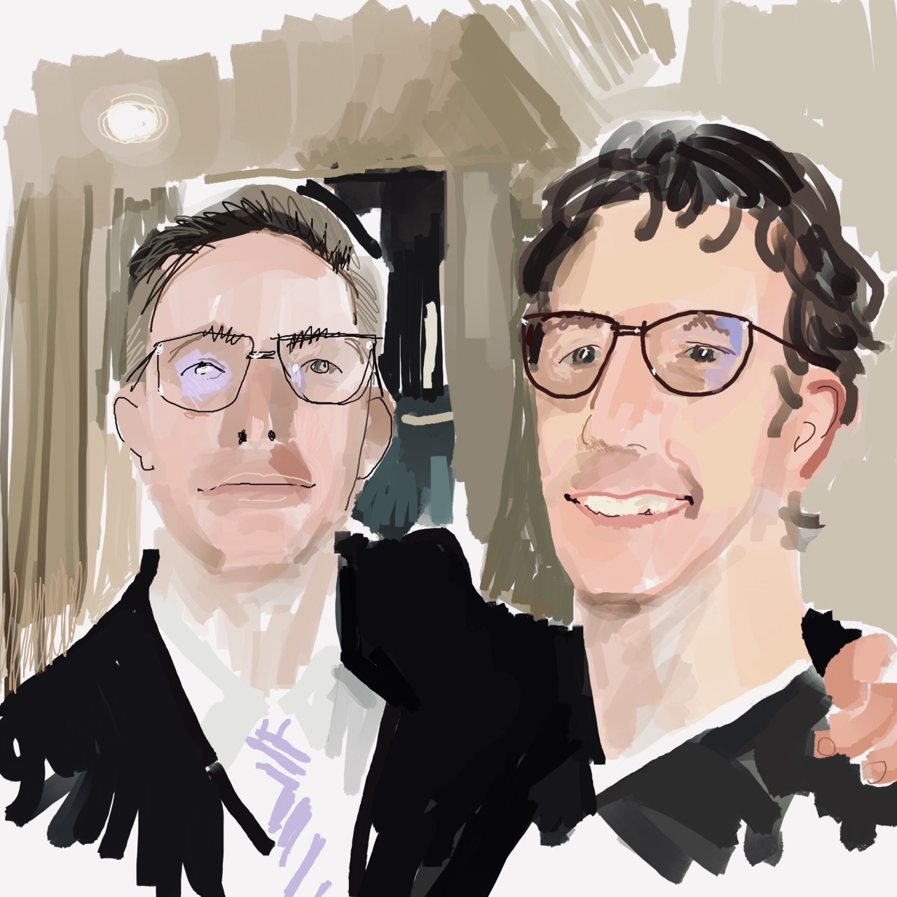 Two men posing for a selfie, the man on the left wearing a jacket and tie.