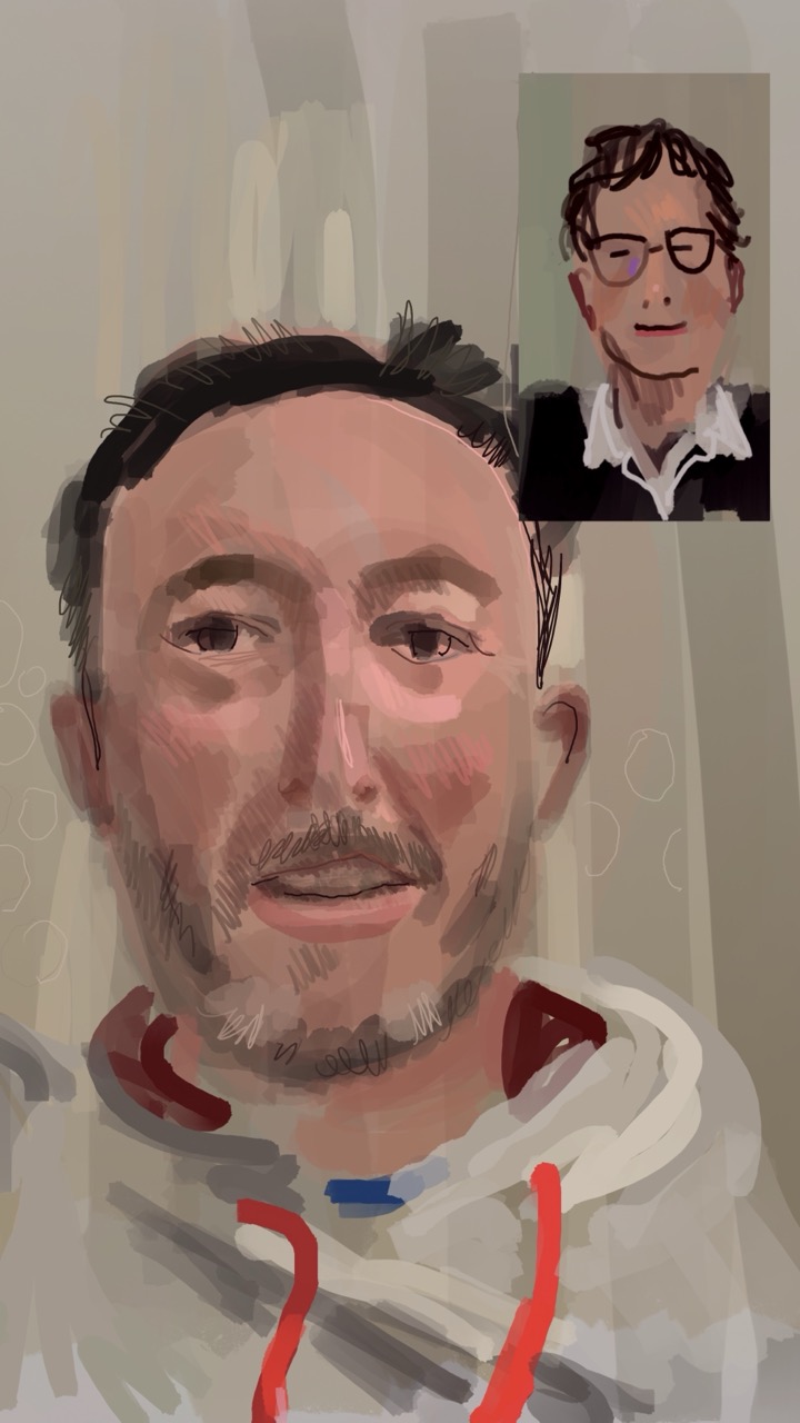Drawing of a screenshot from a Facetime call, largely showing Adam's face and a small Speccy Man in a box on top right