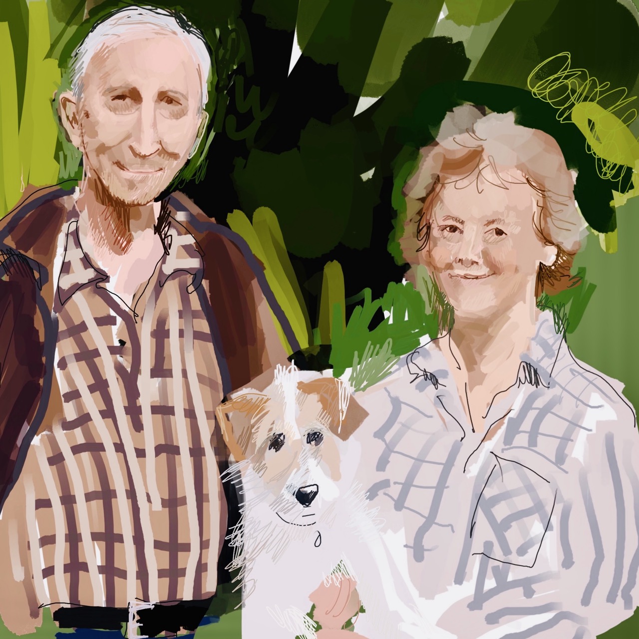 Drawing of an elderly couple, smiling. The woman is holding a little dog.