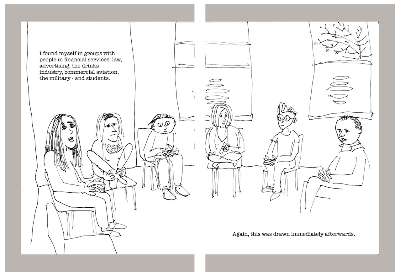 Double page spread showing a single image, a group of people in a therapy session looking towards the viewer with mostly anxious expressions. Text describes the mix of professions met by the author in hospital.