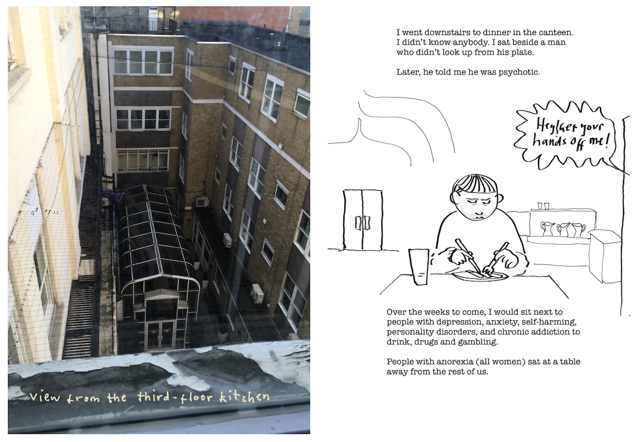 Double page spread showing view from the third floor over an inner courtyard and, facing page, someone eating without looking up while a voice calls from offstage 'get your hands off me!'