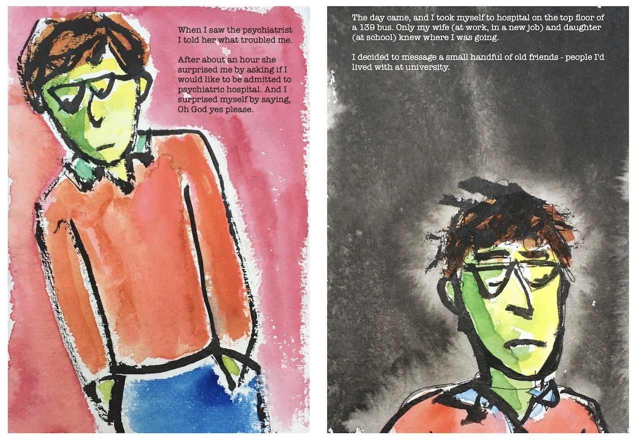 Double page spread showing man with spectacles, face yellow, looking downcast. Text describes him meeting a psychiatrist, then going into hospital and deciding to tell friends.