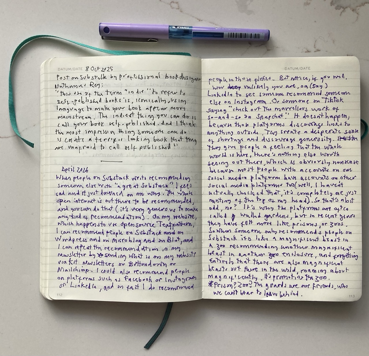 Handwriting in a notebook, most of it a draft of this blog post.