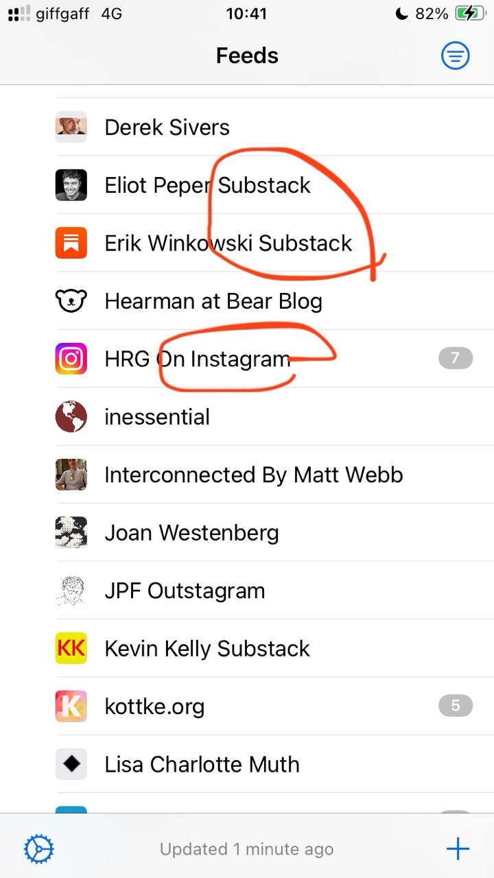 Screenshot of NetNewsWire on iPhone, showing feeds from Substack, Instagram, and elsewhere.