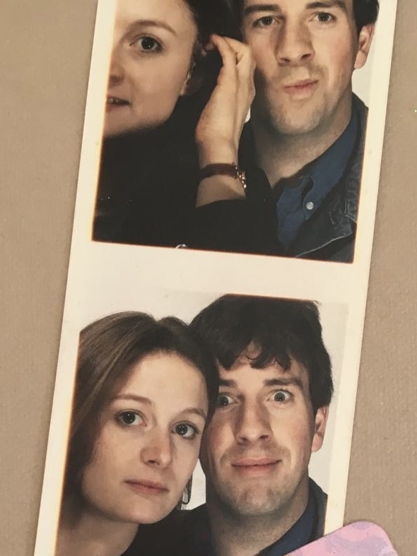 Two photos of us in an old-fashioned photo booth.