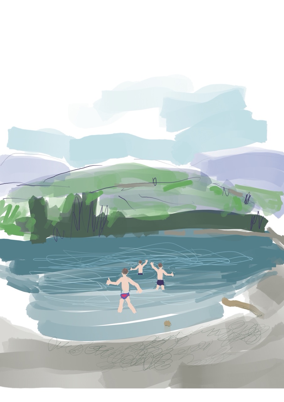 Drawing: Adam, Martin and Will wading into Coniston Water.
