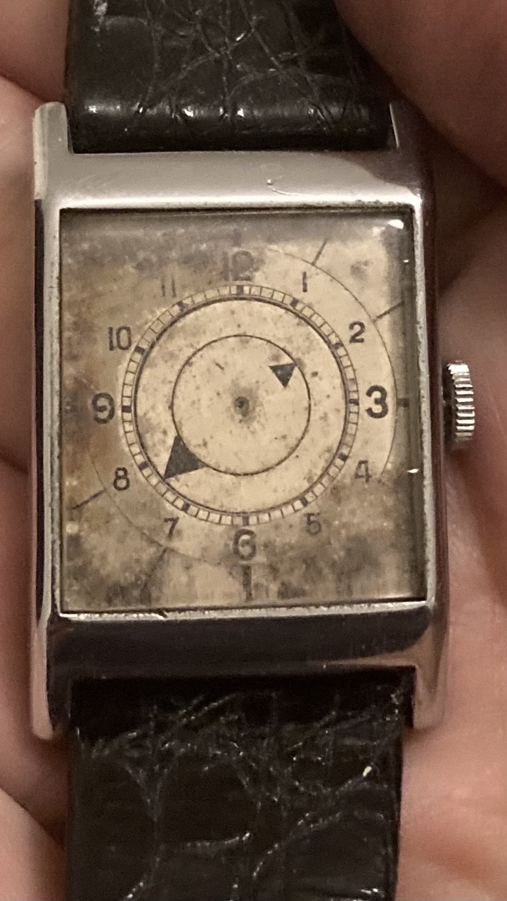 A wristwatch with a pair of concentric dials in its face, rather than hands. A wristwatch with a pair of concentric dials in its face, rather than hands.