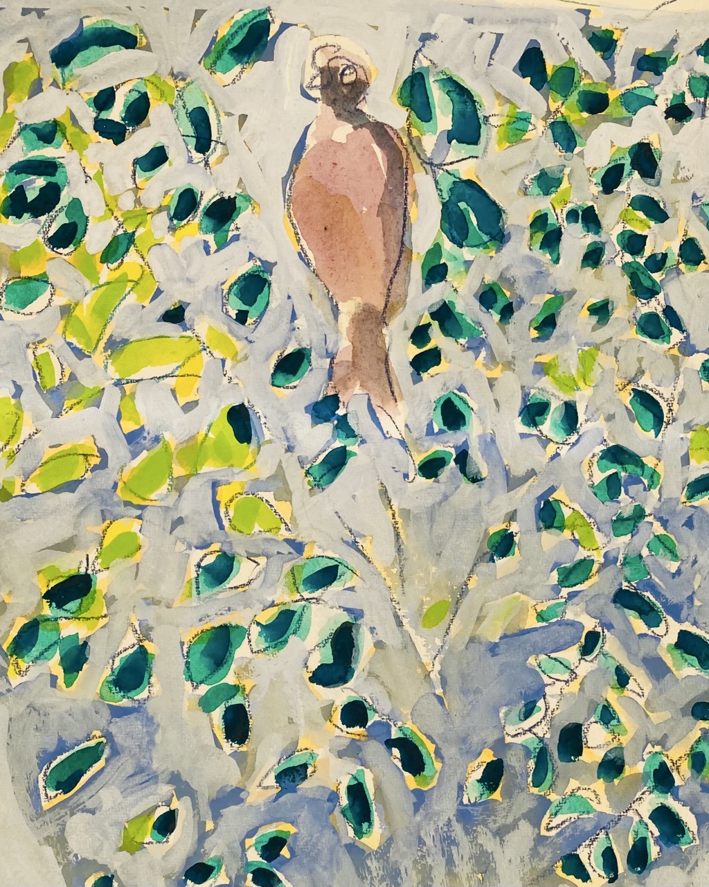 Painting of a bird at the top of leafy branches against blue sky.