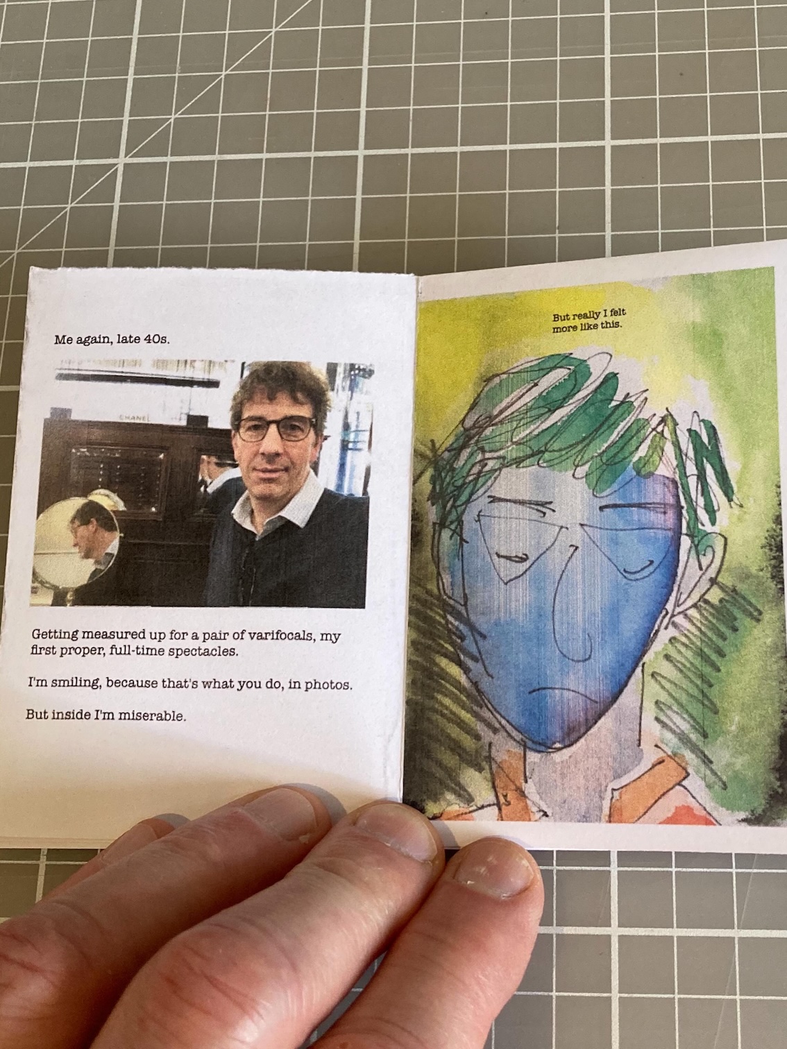 Double-page spread showing photo on the left of a man in an opticians, smiling, and on the right a rough expressionistic portrait of the man looking miserable. Double-page spread showing photo on the left of a man in an opticians, smiling, and on the right a rough expressionistic portrait of the man looking miserable.