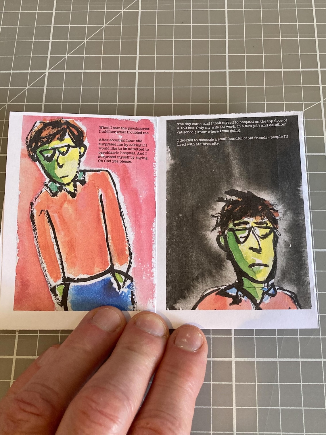 Double-page spread showing two more expressionistic pictures of a miserable man in specs. Double-page spread showing two more expressionistic pictures of a miserable man in specs.
