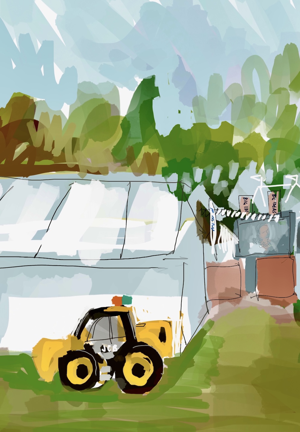 A bright yellow JCB tractor parked behind a marquee.