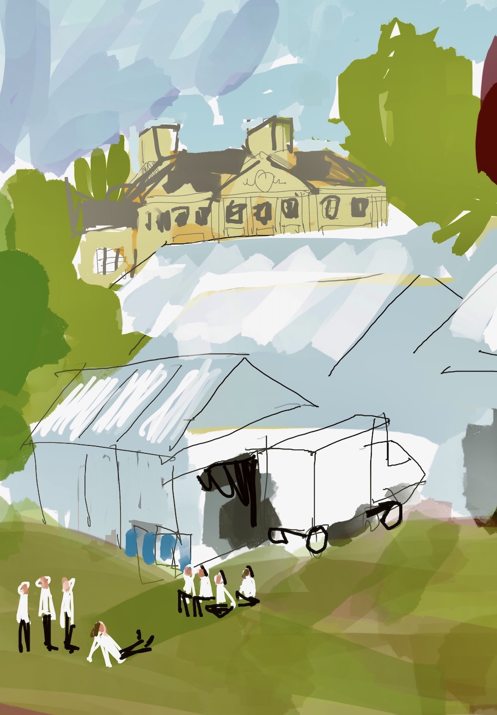 A group of white-shirted, black-trousered staff chatting behind a marquee with Kenwood House in background.