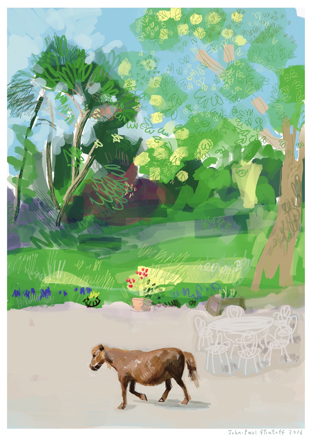 Vibrant drawing of a pregnant pony walking left across a terrace with chair and tables, and an open meadow garden in the distance.