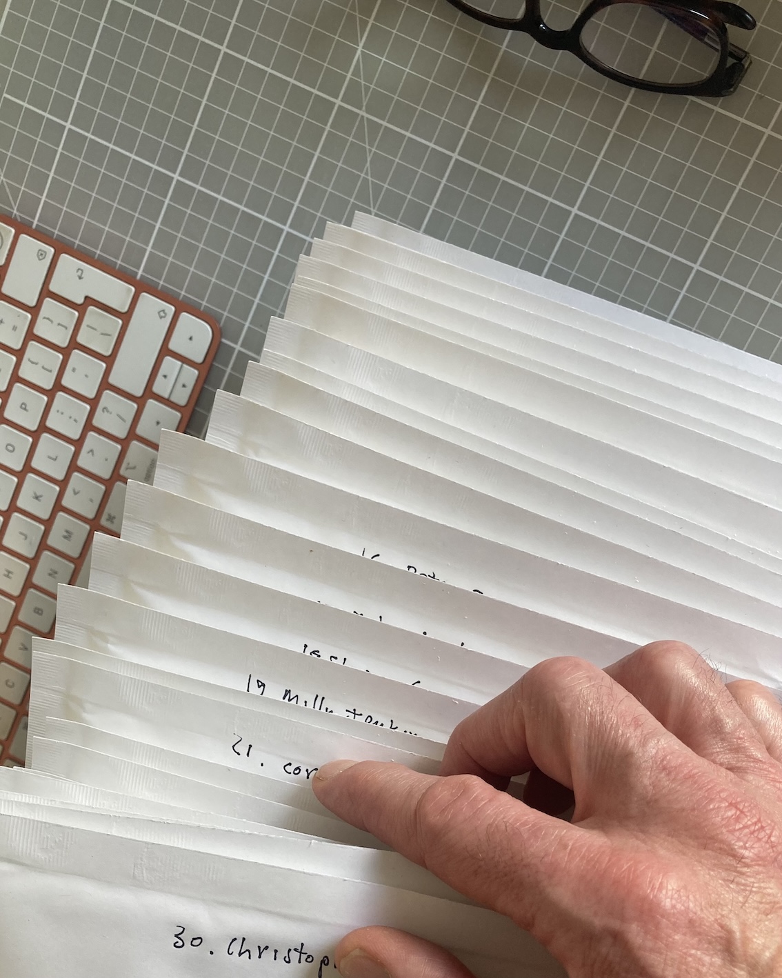 First 30 envelopes for Speccy Breakdown dispatch, with a few names partially visible: '19 Milly'
'21 Cor'
'30 Christop'.