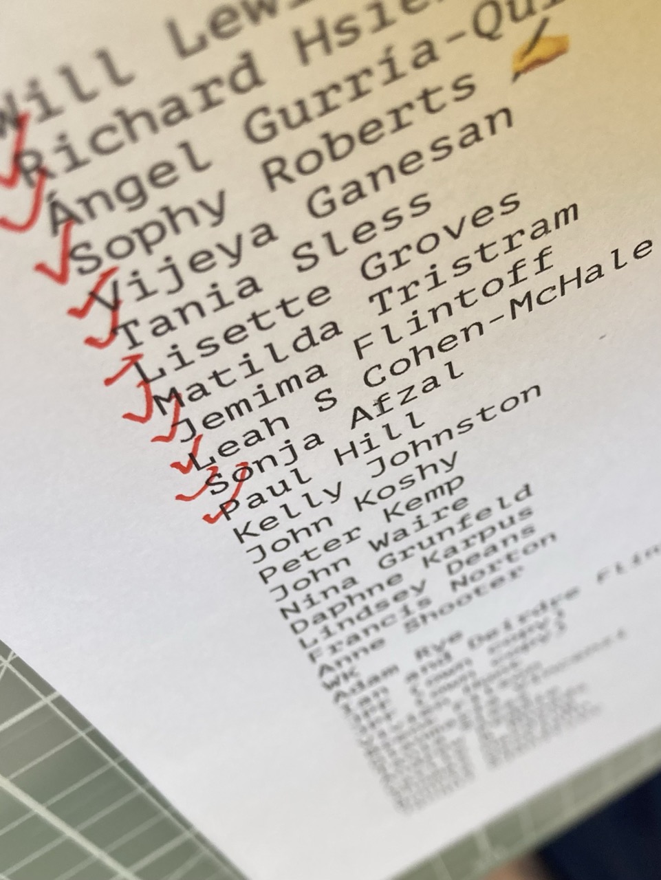 The patron list. Red ticks: wrapped and in envelopes. The rest, still to do. The patron list. Red ticks: wrapped and in envelopes. The rest, still to do.