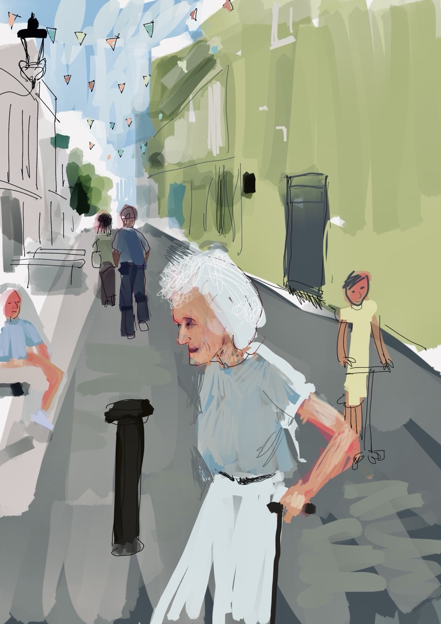 Brightly coloured drawing of a woman with white hair walking past Flask Walk.