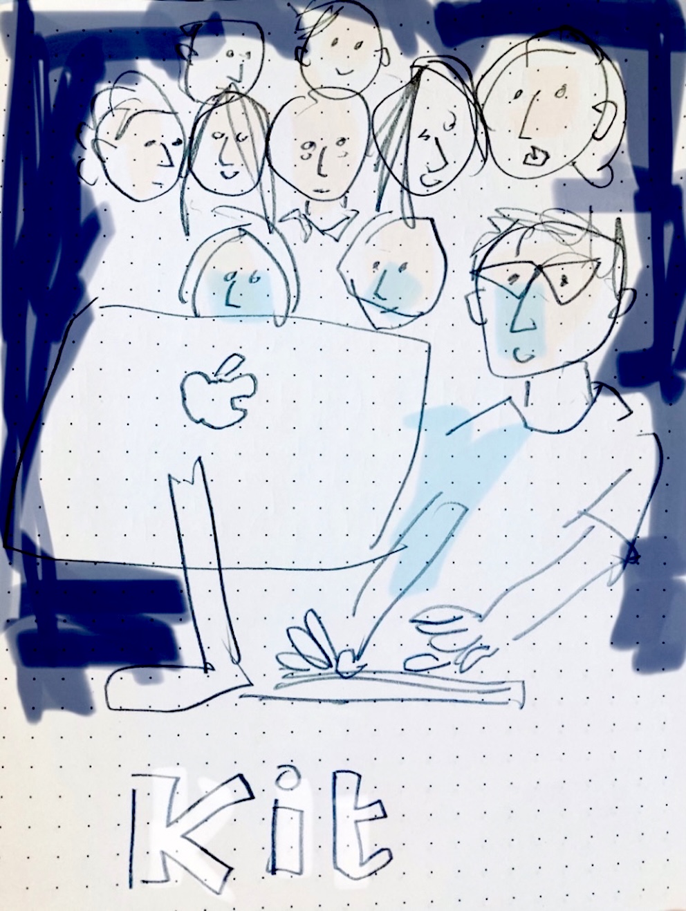 Line drawing of a man at his computer, with onlookers behind him. Line drawing of a man at his computer, with onlookers behind him.