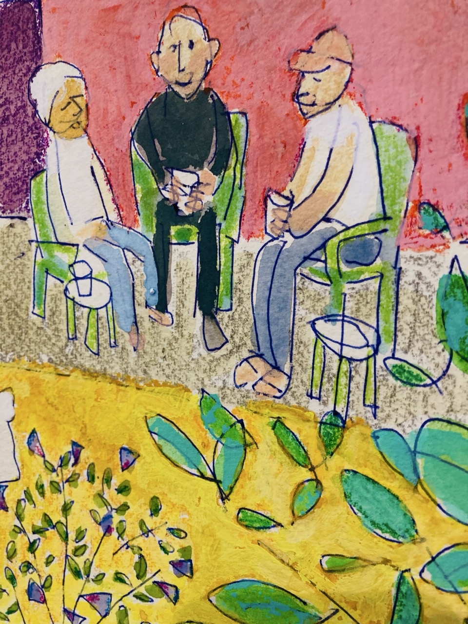 Close-up of a painting, showing three figures sitting in a line, in a garden.